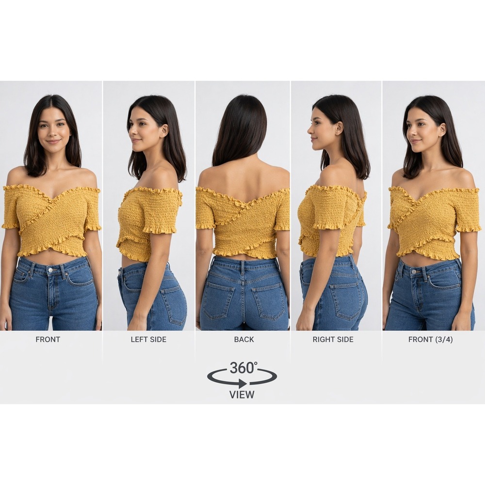 Love Tree Mustard Yellow Smocked Off The Shoulder Crop Top Wrap Front Ruffle L